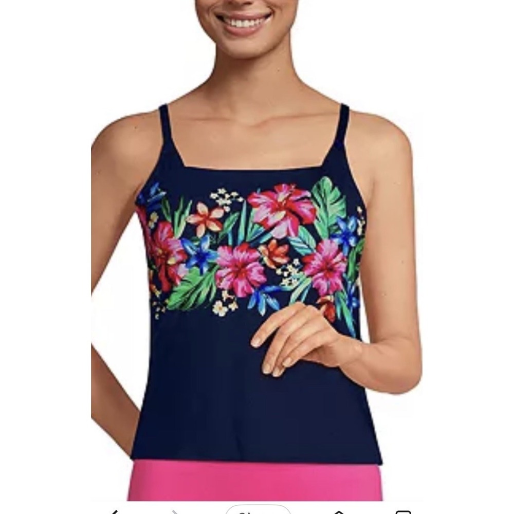 Lands' End‎ Square Neck Tankini Top Medium Petite (M/P) Navy Floral Padded